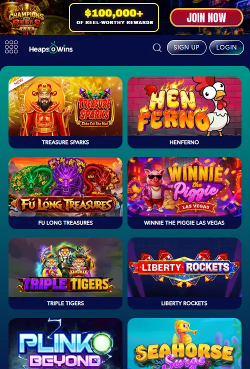 Heaps O Wins official site in a mobile browser