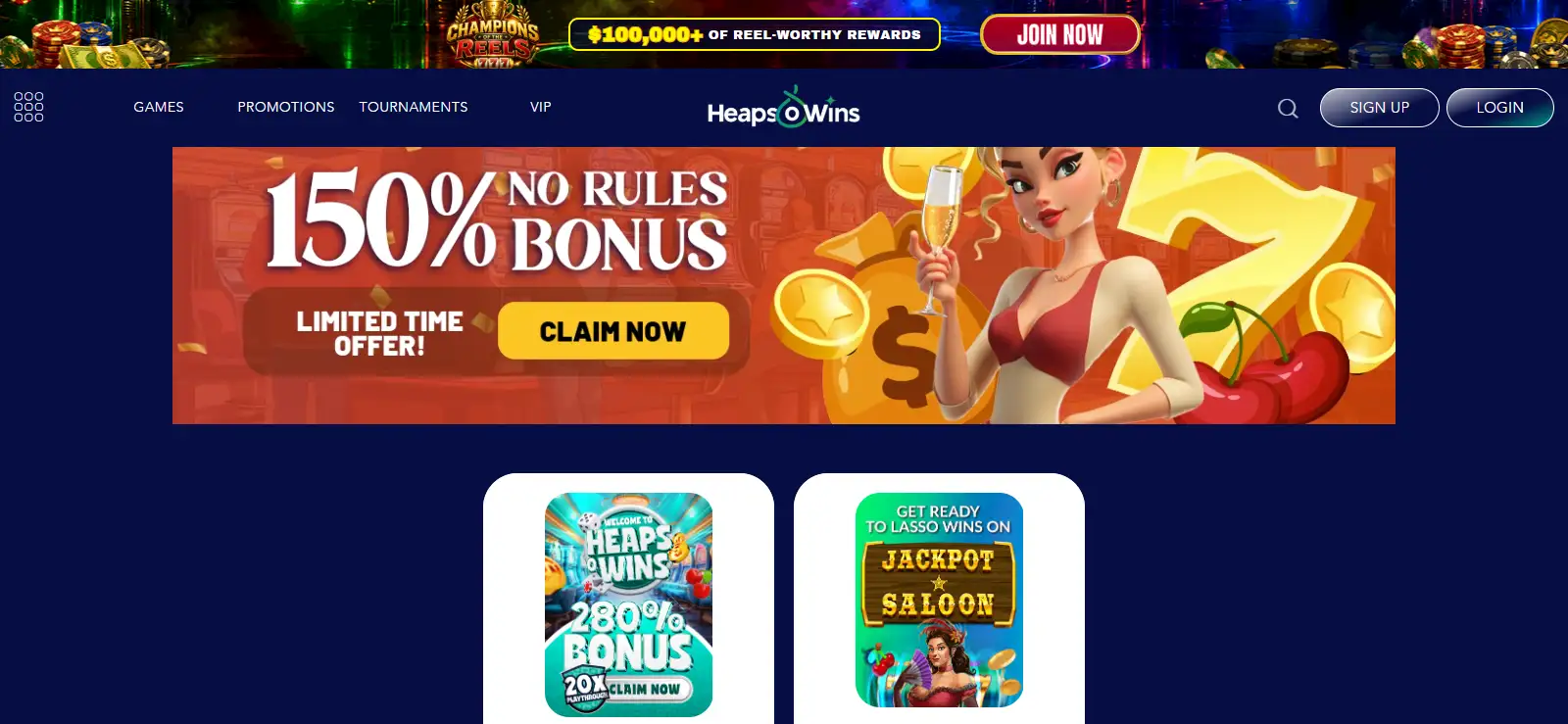 Current Heaps O Wins promotions area showing the active first-deposit offer