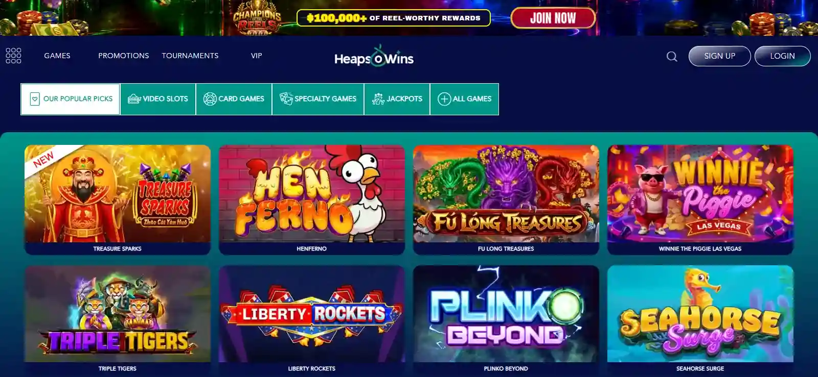Heaps O Wins games lobby with pokies and jackpot tiles